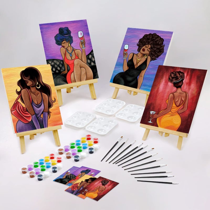VOCHIC 4 Pack Canvas Painting Kit Pre Drawn Canvas for Painting for Adults Party Kits Paint and Sip Party Supplies 8x10 in 8 Acrylic Colors 3 Brush 1 Pallet Chic Girl Art Set - Image 2